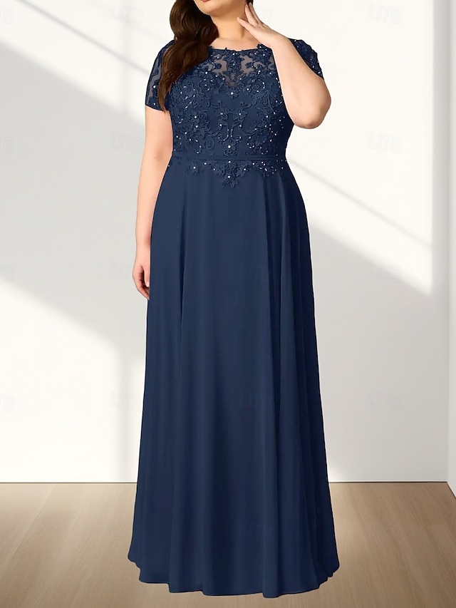  A-lijn Plus Size Curve Moeder van de Bruid Jurk Bruiloft Gast Elegant Crew Neck Vloerlengte Chiffon Kant Korte Mouw met Tailleband  Lint Beading Applicaties
