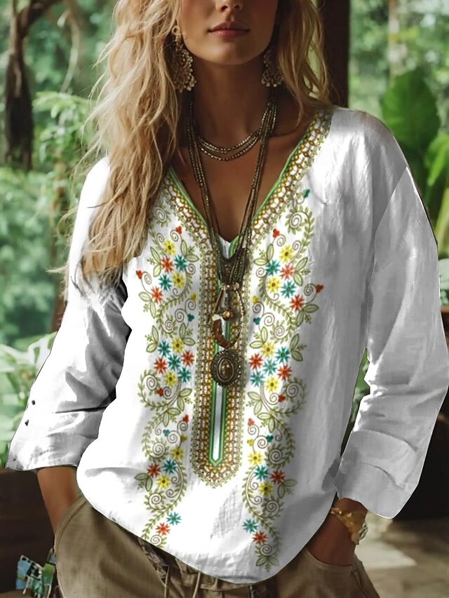 Women's Boho Blouse Floral Graphic Paisley Bohemia Vintage Tropical 3/4 Length Sleeve V Neck Regular Tops White Green Summer Spring3