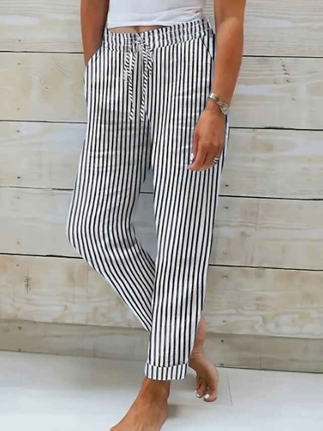 Women's Cotton Linen Pants Slacks Fashion Streetwear Comfort Ankle-Length Mid Waist Stripe Elastic Waist Comfy Outdoor Comfortable Street Daily Wear Going out Black Blue Summer Spring Regular Fit3