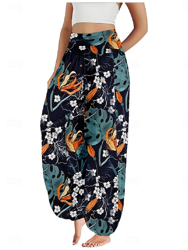  Per donna Pantaloni ispirati al lino Gamba larga Pantaloni Stile Etnico Casual Boho Lunghezza intera Vita Alta Floreale Foglia Tropicale Tasca Elastico in vita Stampa Traspirabilità Morbido