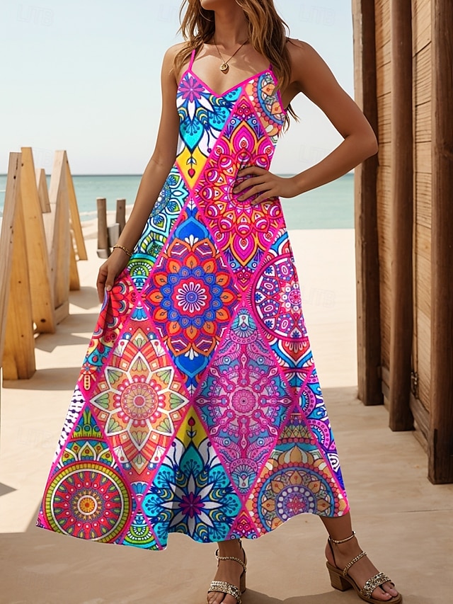  Damskie Sukienka maxi Sukienka A line Sukienka na ramiączkach Urlop Codzienny Boho Plaża Regularny Kwiaty Graficzny Bez rękawów W serek Cienkie ramiączka Czerwony Niebieski Zielony Lato Wiosna