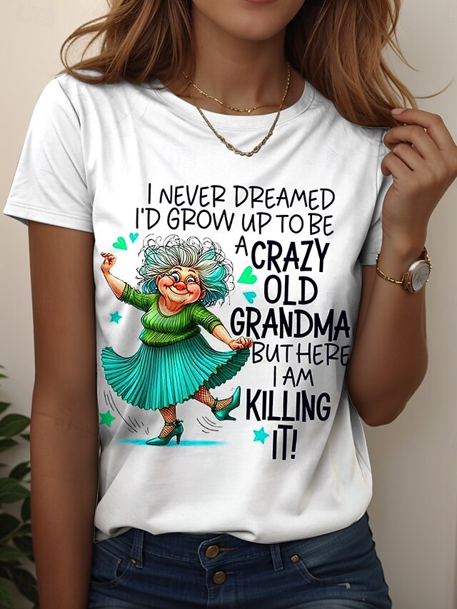 Women's T Shirt Graphic Letter Stylish Casual Short Sleeve Crew Neck Regular Tops Daily Weekend Print Black White Summer Spring Grandma4