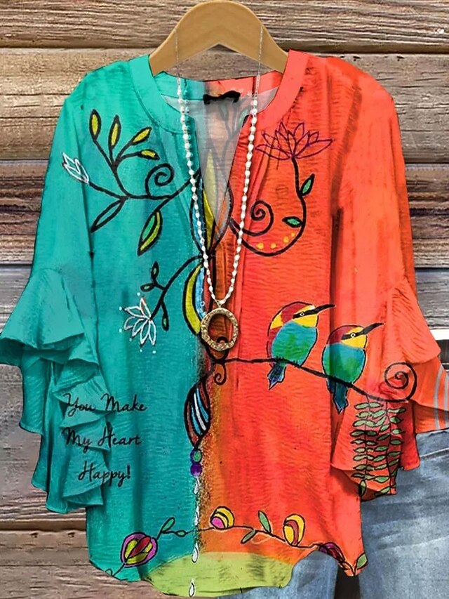 Women's Blouse V Neck Layered Ruffle Sleeve Tops Floral Graphic Bird Daily Stylish Casual 3/4 Length Sleeve Regular Tops Daily Holiday Vacation Wear Print Red Orange Summer Spring3