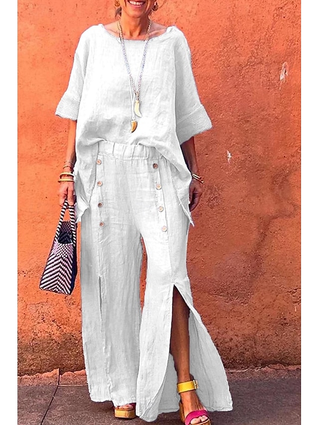  Femmes Short en coton et lin Pantalon inspiré du lin Pantalon en coton et lin Mode Longueur complète Naturel Uni Taille Élastique Fendu Boucle Confortable Extérieur Extérieur Sortir Noir Blanche Vert