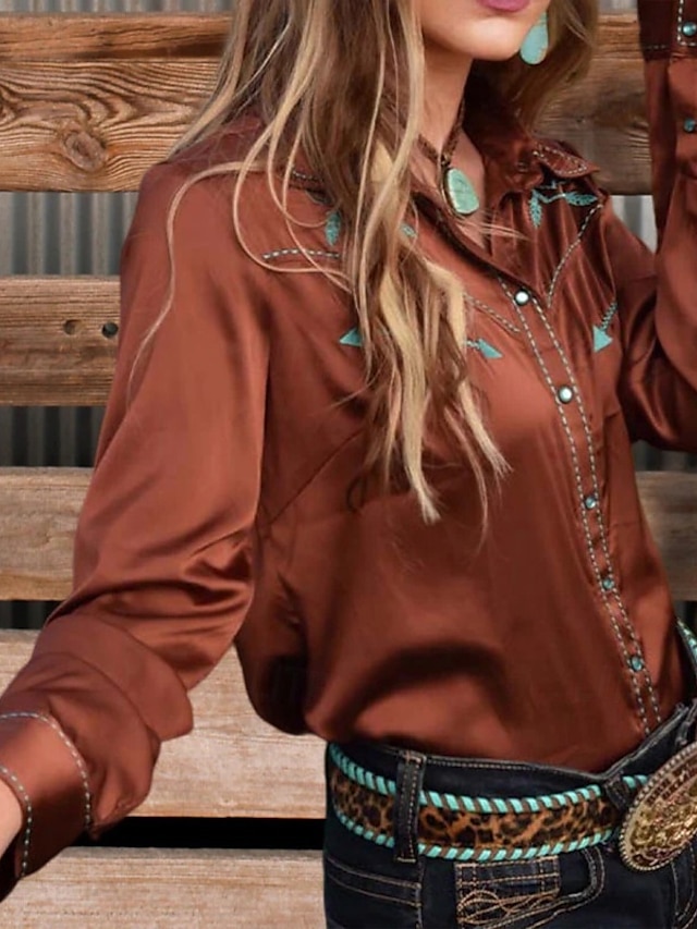  Dame Boho skjorte Bluse Blomsternål i krystall Moderne Fritid Bohem Langermet Skjortekrage Vanlige topper Daglig Ferie Knapper Trykt mønster Brun Sommer