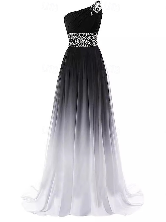  Abiti A-Line Quinceanera elegante abito performance Natale lungo senza maniche una spalla in chiffon senza schiena con pieghe perline
