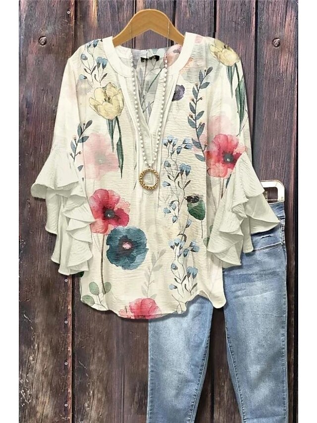 Women's Blouse V Neck Layered Ruffle Sleeve Tops Floral Graphic Daily Stylish Casual 3/4 Length Sleeve Regular Tops Daily Holiday Vacation Wear Print Blue Beige Light Blue Summer Spring4