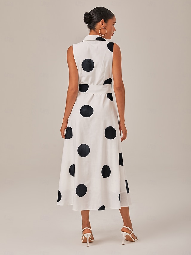  Femmes Robe Chemise Ourlet Maxi Robe maxi Blanche Sans manches À pois Avec Poches Ceinture à nouer Été Revers Décontracté Quotidien S M L