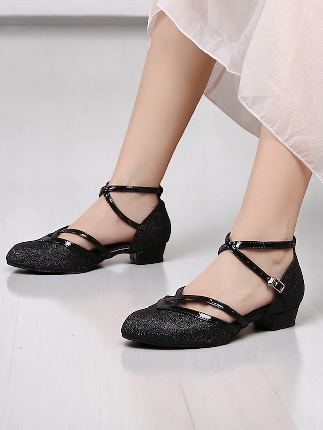  Women's Black Glitter Low Heel Dance Shoes – Sparkly Ankle Strap Ballroom Shoes for Girls & Ladies' Performance or Practice