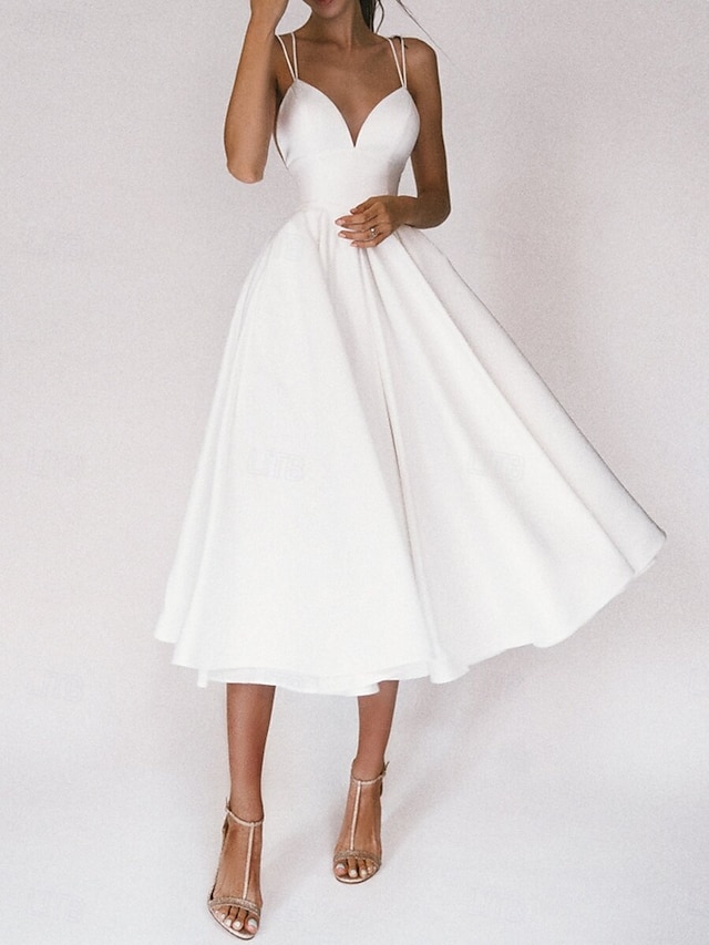 Hochzeitskleider A-Linie V Ausschnitt Ärmellos Tee-Länge Satin Brautkleider Mit Einfarbig 2025
