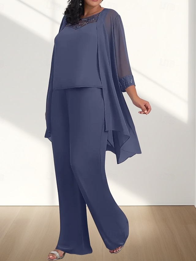  Jumpsuit  Buksedress 3 Delt Mor til bruden Kjole Bryllupsgjest Elegant Ledig Rund Utringning Gulvlengde Chiffon 3/4 Lengde Ermer med Perleapplikasjoner