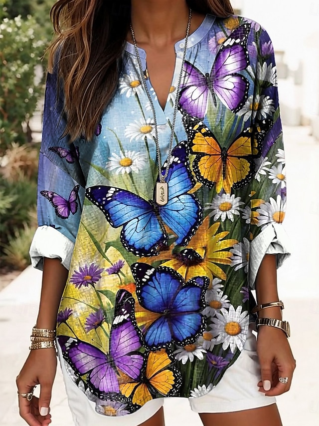  Womană Bluză Boho Floral Grafic Fluture Elegant Zilnic Femei Mâneci Lungi Decolteu în V Topuri Regulate Print Zilnic Albastru Violet Bej Vară Primăvară