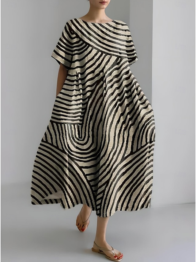  Women's Maxi Dress Sundress A Line Dress Summer Dress Vacation Casual Beach Daily Holiday Going out Loose Fit Graphic Geometric Linen Like Short Sleeve Crew Neck Boat Neck Dark Brown Light Brown