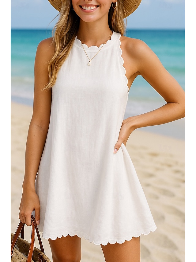  Femmes Mini Robe Robe Blanche Robe de remise des diplômes Élégant Basique Moderne Vacances Fête Plage Coupe régulière Uni Sans manches Col Halter Blanche Été