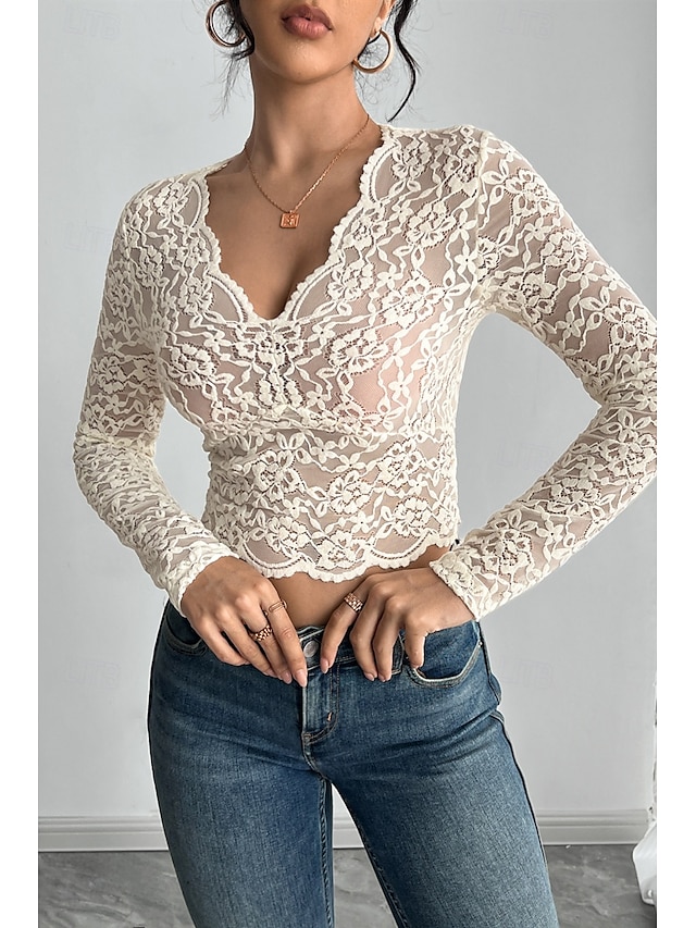  Damen Bluse Spitzentops Einfach Modern Langarm V Ausschnitt Crop Tops Täglich Ferien Ausgehen Spitze Beige Sommer