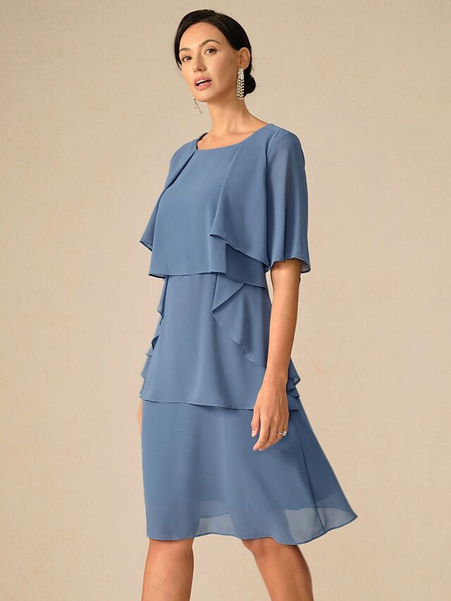 Women's Wedding Guest Cocktail Dress Ruffle Elegant Layered Midi Summer Spring Dress Crew Neck Half Sleeve Midi Dress Blue 9