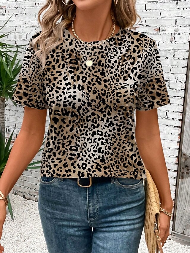 Women's T Shirt Graphic Leopard Vintage Stylish Casual Short Sleeve Crew Neck Round Neck Regular Tops Daily Print Brown Summer4