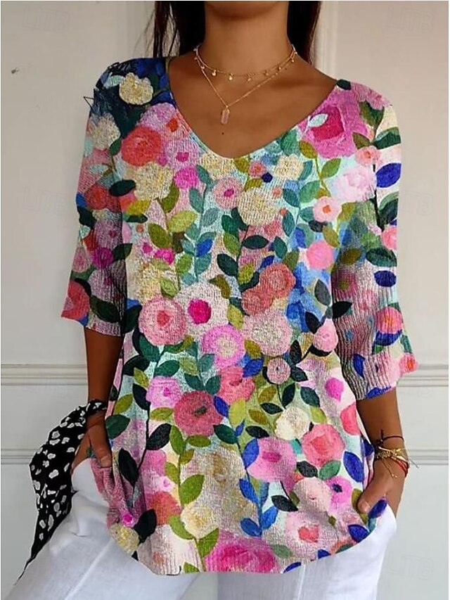  Mujer Blusa Floral Graphic Bohemia Tropical Elegante Manga 3/4 Escote en Pico Tops regulares Diario Azul Piscina Fucsia Naranja Verano Primavera