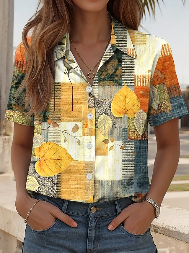  Femmes Chemise Fleuri Graphique Géométrique ancien Élégant Occasionnel Manche Courte Col de chemise Hauts Réguliers Quotidien Jaune Été Printemps