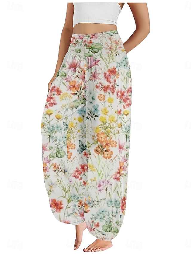  Dame Lin-inspirerte bukser Bred Bukseben Bukser Etnisk stil Fritid Bohem Full lengde Høy Midje Blomstret Lomme Elastisk midje Printer Pusteevne Myk Mikroelastisk utendørs Yoga- og dansesko Lys Grønn