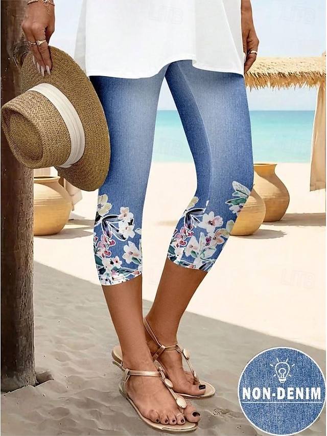  Damen Leggings Capri Pants Hohe Elastizität Urlaub Vintage Mode Wade-lange Mittlere Taille Blumen Grafik Druck Atmungsaktiv Weich Dehnbar Urlaub Casual Täglich Robin's Egg Blau Sommer Frühling
