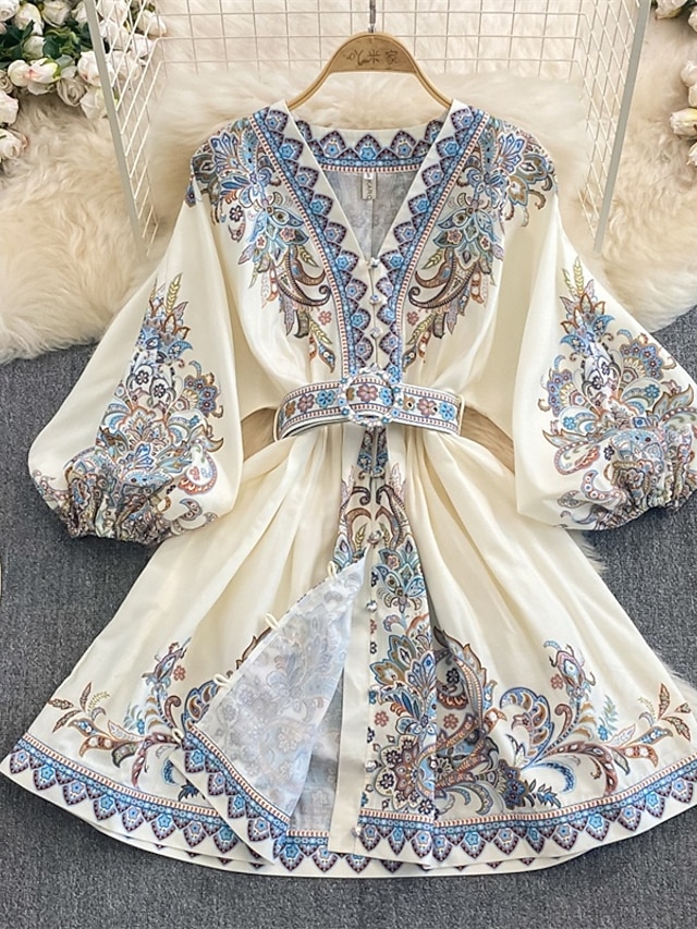  Damen Minikleid Freizeitkleid Sommerkleid Boho-Kleid Mode Modern Outdoor Ferien Date Normale Passform Blume Langarm V Ausschnitt Gelb Rosa Blau Sommer Frühling