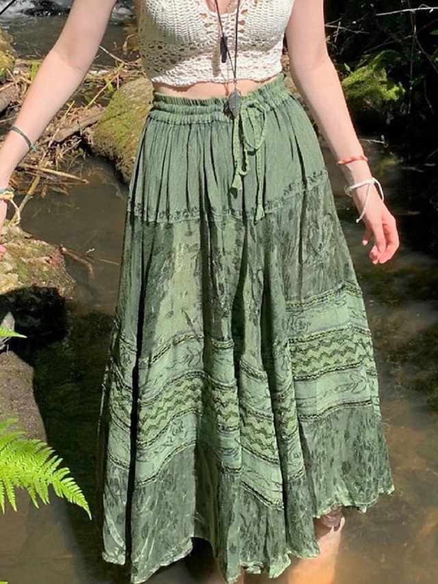  Pentru femei Fustă Boemia Boho Midi Talie Medie Fuste Floral Imprimeu Micro-elastic Stradă Ieșire Verde Vară Poliester
