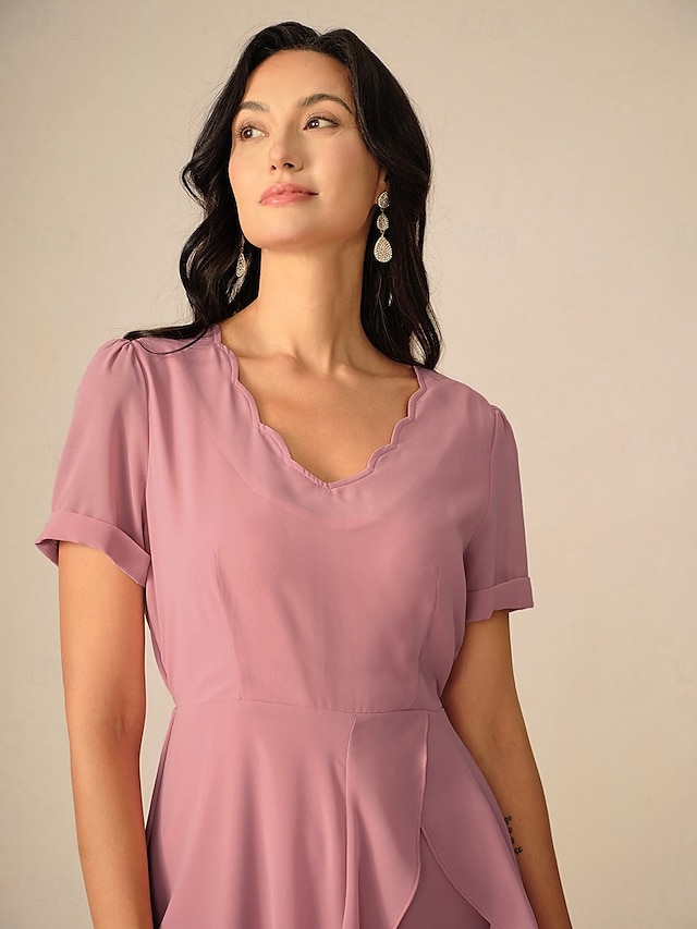  Damen Maxidress A Linie Kleid Elegant Ausgefallene Hochzeit kleid hochzeitsgast Lockere Passform Feste Farbe Kurzarm Asymmetrisch V Ausschnitt Erröten Sie Rosa Sommer Frühling