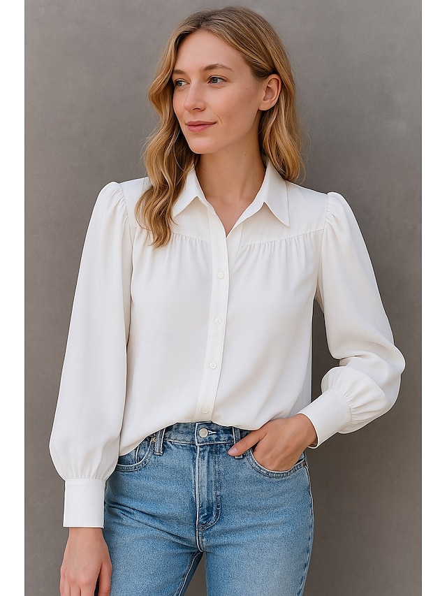  Women's Shirt Plain Basic Modern Long Sleeve Shirt Collar Regular Tops Daily Holiday Buttons White Summer