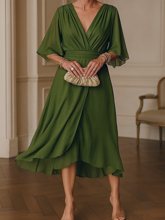  Damen Langes Kleid Maxikleid Weißes Kleid Freizeitkleid Wickelkleid Elegant Modern Reifen Büro Täglich Date Normale Passform Einfach Dreiviertelarm V Ausschnitt Grün Sommer