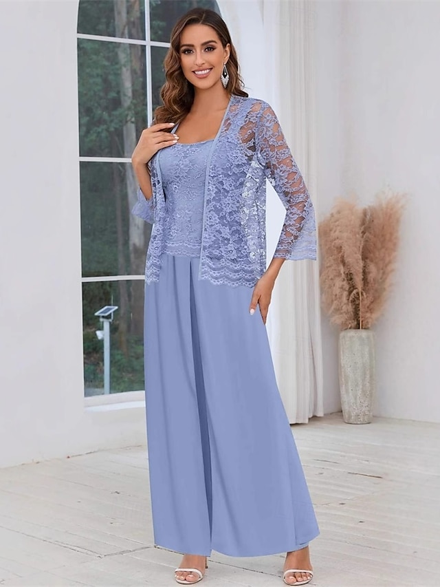  Byxdress brudens mor klänning bröllopsgäst elegant fyrkantig hals golvlängd polyester spets lång ärm med solid färg