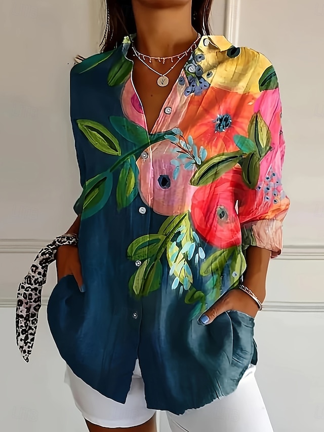  Mujer Camisa Floral Graphic Geométrico Casual Manga Larga Cuello Camisero Tops regulares Trabajo Diario Botones Estampado Negro Rosa Naranja Verde Trébol Primavera Otoño Invierno