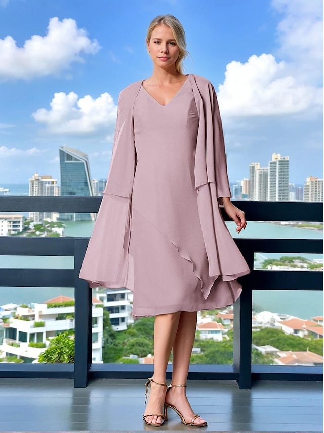  Abito da sposa a trapezio, elegante, semplice e minimalista, con scollo a V, lunghezza tè, in chiffon, a maniche lunghe con volant a cascata, 2025