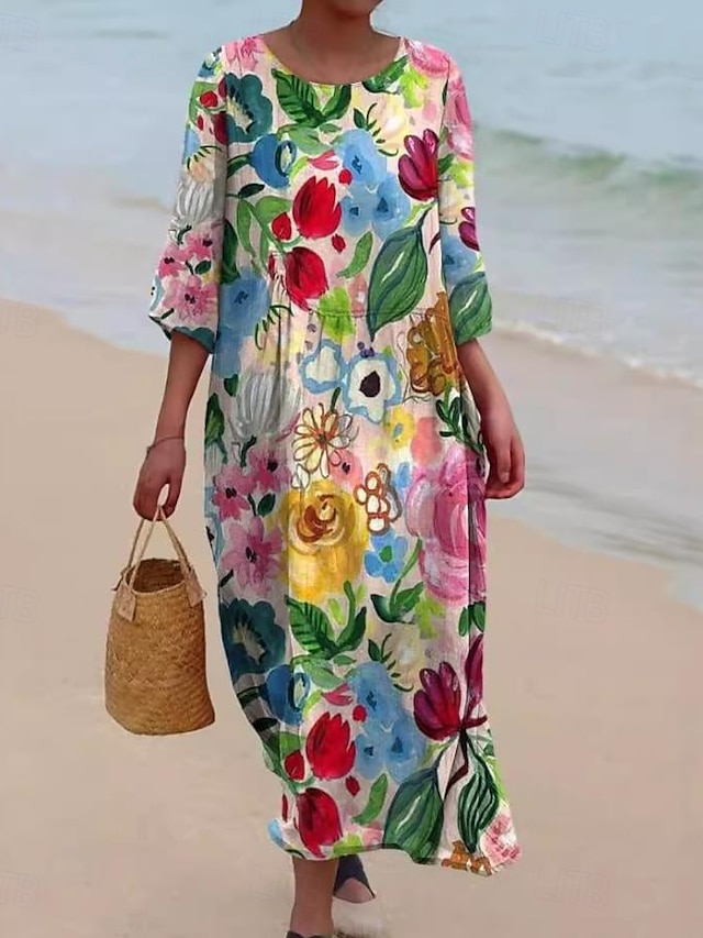 Femmes Robe maxi Robe fourreau Robe trapèze Vacances Occasionnel Boho Sortir Plage Coupe Standard Fleuri Graphique Sans manches Col en U Bordeaux Rouge Bleu Été Printemps