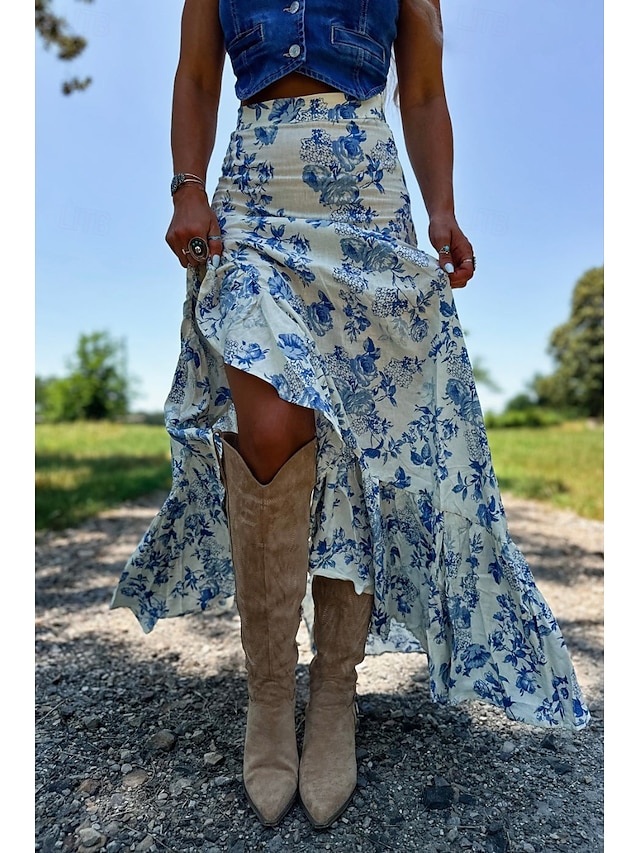 Femmes Jupe Bohème Occasionnel Boho Maxi Taille Basse Jupes Fleuri Imprimé Fendu Micro-Élastique Rue Sortir Beige Été Polyester