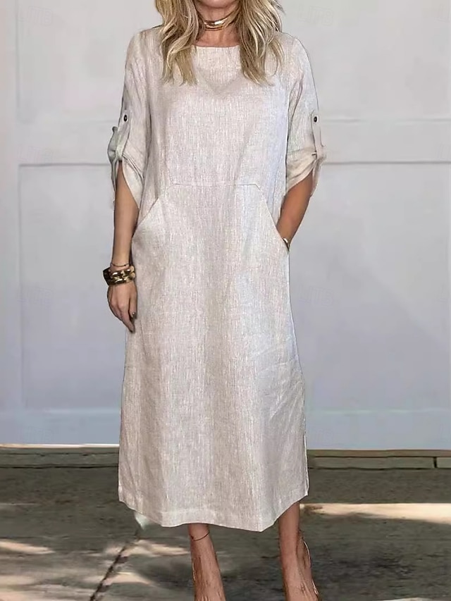  Maxi abito da donna abito a linea abito estivo in lino casual quotidiano vestibilità regolare grafico semplice maniche 3/4 collo rotondo nero bianco rosso blu estate