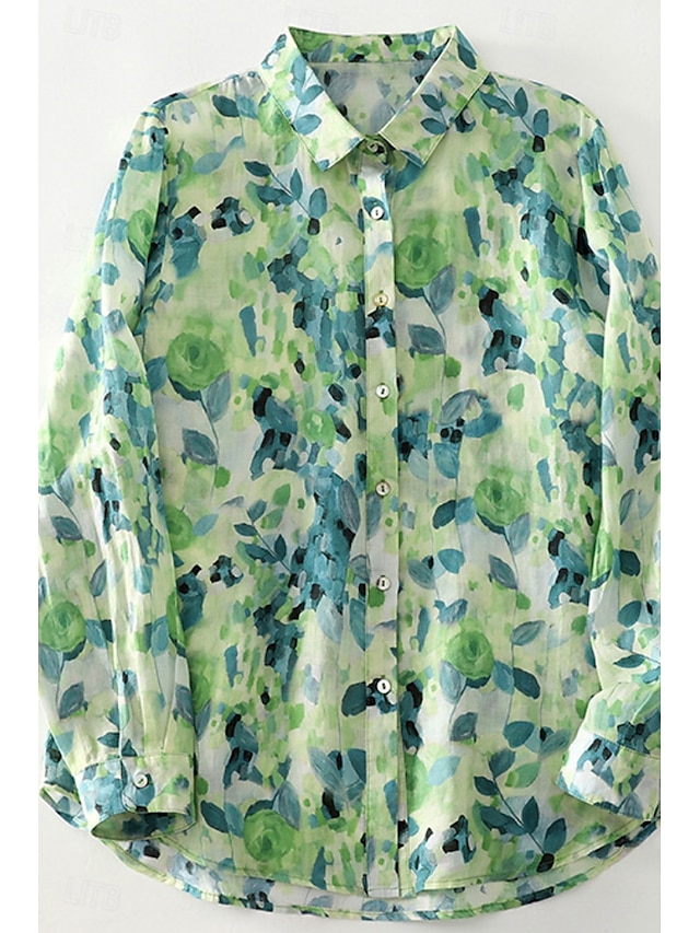  Per donna Camicia Abbottonare Camicia in cotone e lino Blusa Fiore Elegante Moderno Manica Lunga Scollo a V Top Regolari Ferie Uscire Bottoni Stampato Verde Estate