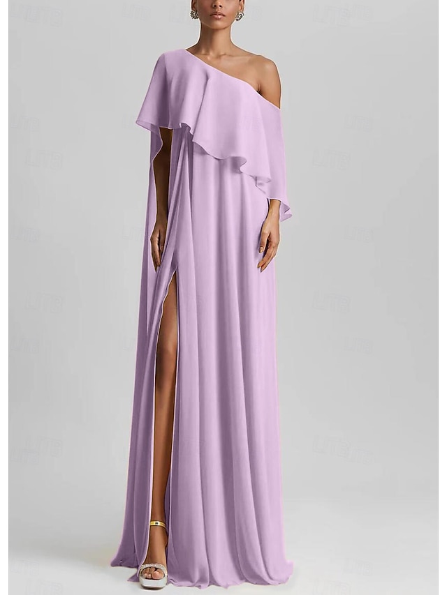 Cute Yellow One Shoulder Satin A Line Long Wedding Guest Dress Evening Dress SP791 main image 1