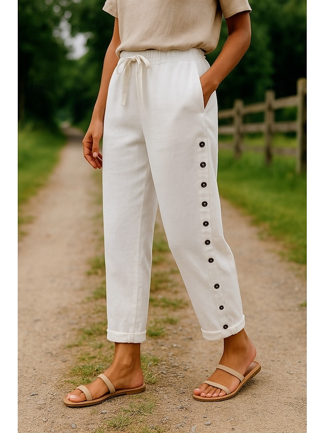  Femmes Pantalon en coton et lin Confort Longueur complète Taille haute Uni Avec Poches Ceinture Élastique Confortable Extérieur Rue Tenue quotidienne Sortir Noir Blanche Bleu Kaki Été Coupe régulière