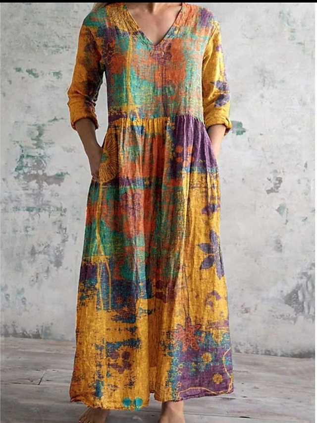  Damen Langes Kleid Maxikleid Freizeitkleid Sommerkleid Boho-Kleid Mode Urlaub Täglich Wochenende Normale Passform Blumen Grafik Langarm V Ausschnitt Gelb Grün Khaki Regenbogen Sommer