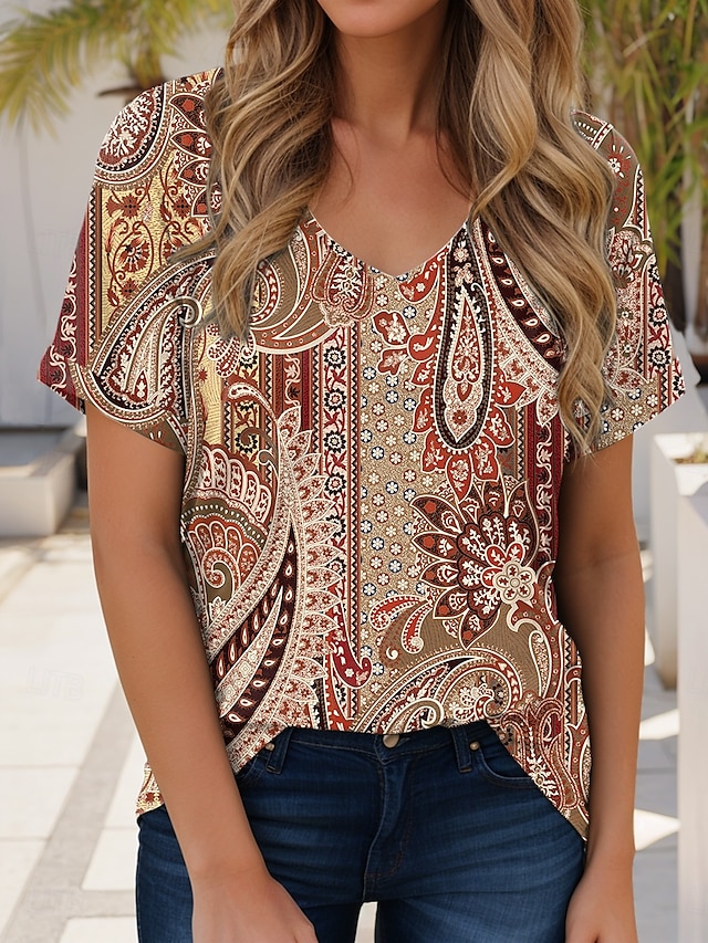  Kvinners T-skjorte Boho Bluse Grafisk Geometrisk Paisley Bohemia Vintage Uformell Kort Erme V-hals Vanlige Topper Daglige Helg Strand Bekledning Trykk Rød Blå Oransje Sommer