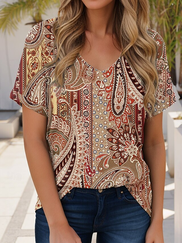 Women's T Shirt Boho Blouse Graphic Geometric Paisley Bohemia Vintage Casual Short Sleeve V Neck Regular Tops Daily Weekend Beach Wear Print Red Blue Orange Summer4