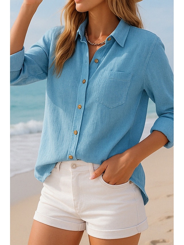  Femmes Boutonner Chemise en coton et lin Uni Basique Moderne manche longue Col de chemise Hauts Réguliers Quotidien Boutons Blanche Bleu Été