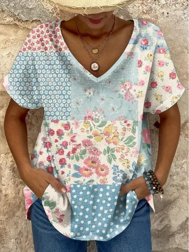 Women's T Shirt Floral Graphic Geometric Vintage Ethnic Casual Short Sleeve V Neck Regular Tops Daily Weekend Beach Wear Print Blue Purple Summer Spring3