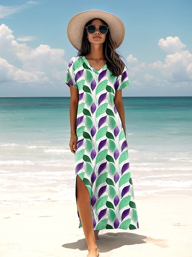  Mujer Vestido maxi Vestido de verano Vestido de una línea Vacaciones Casual Diario Ajuste regular Floral Graphic Manga Corta Escote en Pico Azul Piscina Morado Verde Trébol Verano