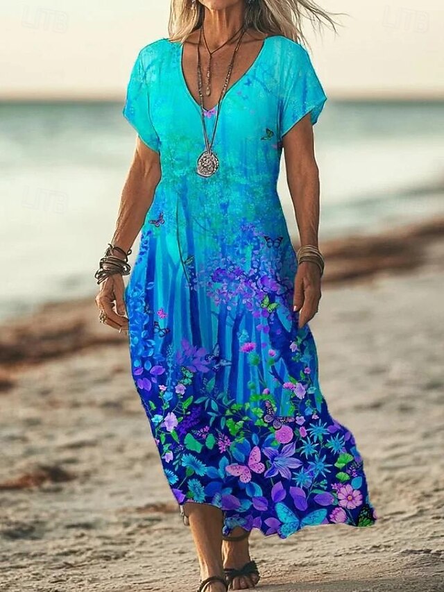 Women's Midi Dress Sundress A Line Dress Vacation Casual Boho Going out Beach Standard Fit Floral Graphic Short Sleeve V Neck Sky Blue Dark Blue Peacock Blue Summer Spring4