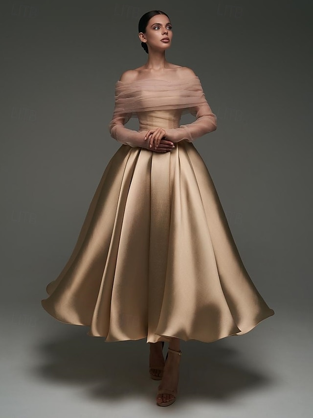  Rosa Ballkleid Satin A-Linien Cocktail Elegante Kleider Formelle Hochzeit Knöchellänge Langarm Schulterfrei Abnehmbar mit Schal