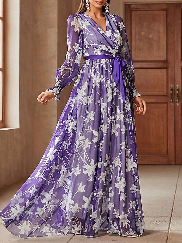  A-lijn Moeder van de Bruid Jurk Bloemenprint Casual V-hals Vloer Lengte Chiffon Lange Mouw met Sjerp  Lint Bruiloft Gast Jurk 2025