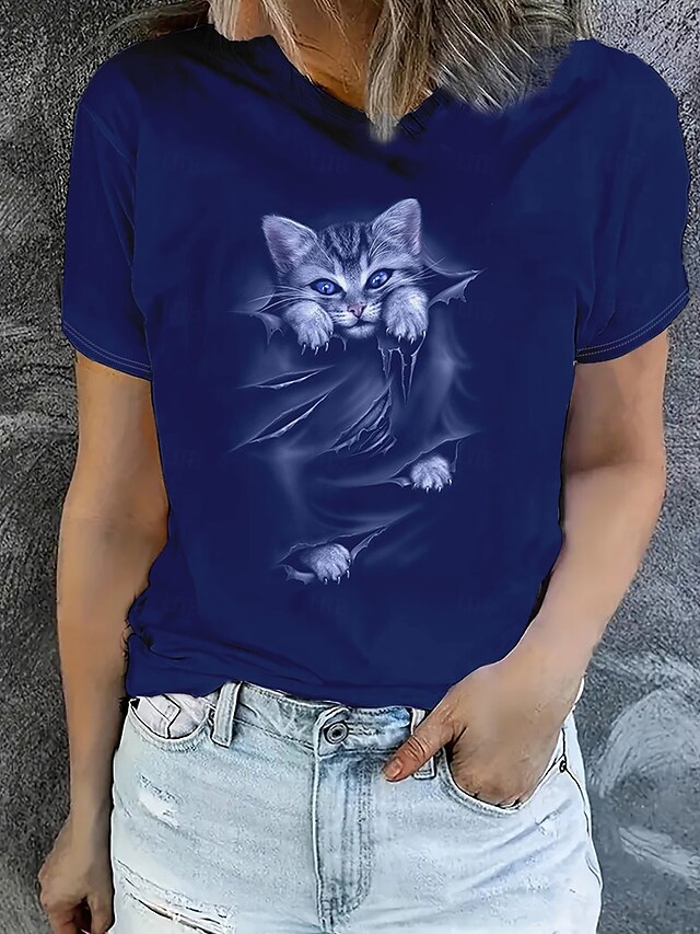  女性用 Tシャツ 夏のトップス グラフィック 猫 クラシック カジュアル 半袖 クルーネック クロップトップ 日常 週末 プリント ネービーブルー 夏 春 秋