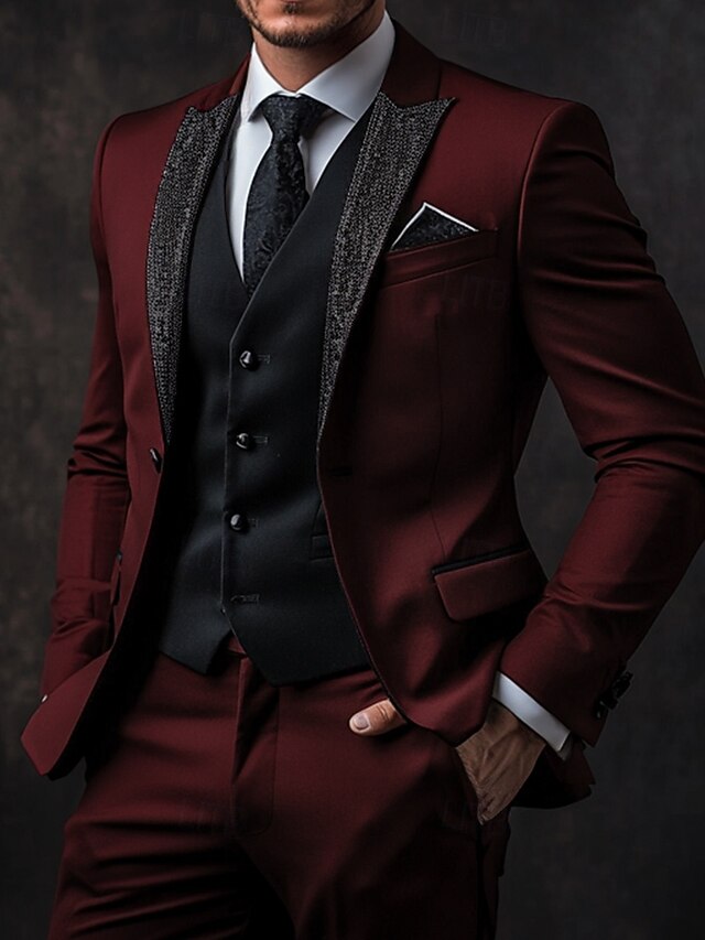 Men's Wedding Prom Party Suits Peaked Lapel Burgundy Luxury Formal ...